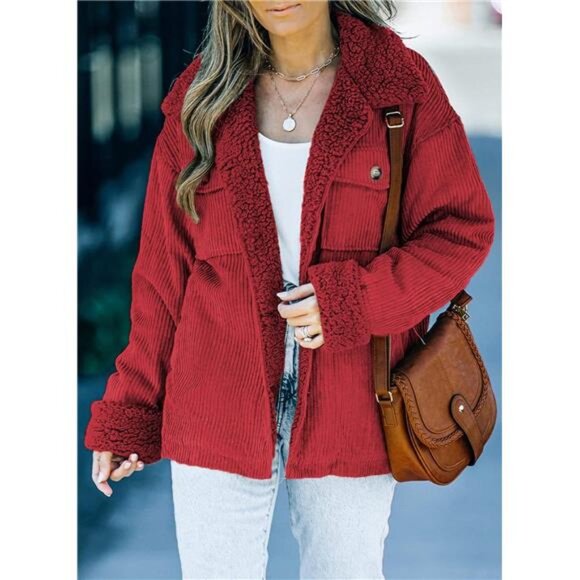 Women's Corduroy Sherpa Jacket Button Down Fleece Fur Collar Winter Coat - Picture 5 of 7